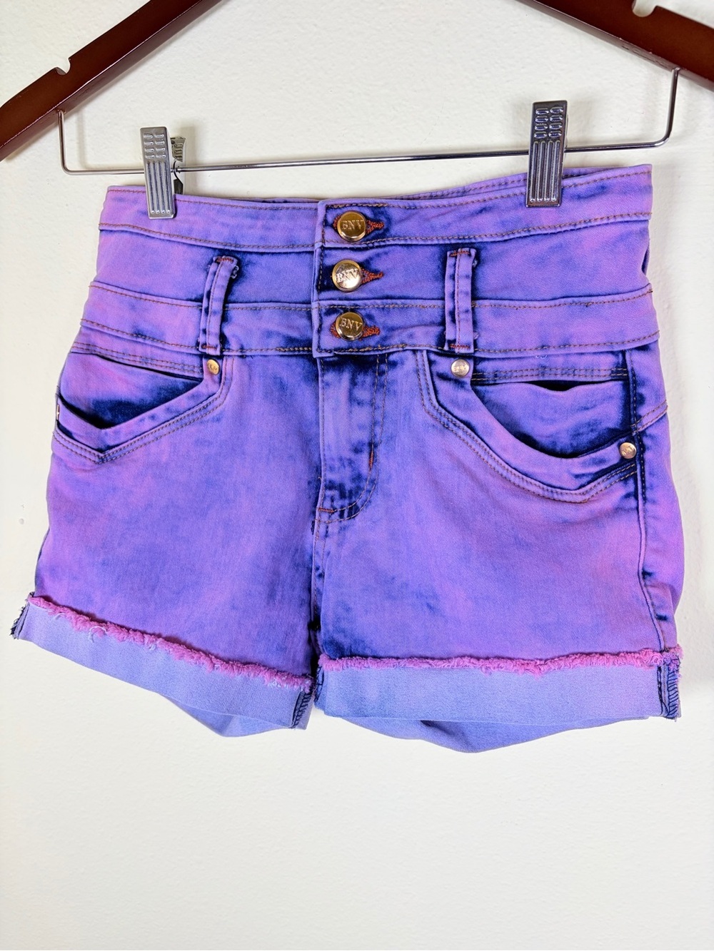 Benava BNV Purple Acid Wash Triple Button Stretch Denim Shorts Size S